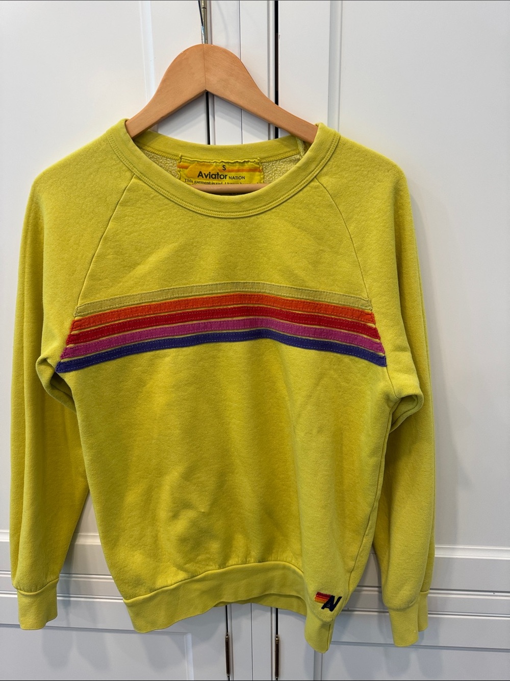 Aviator Nation Men's Lime Yellow Crewneck with Red-Orange-Purple Stripe